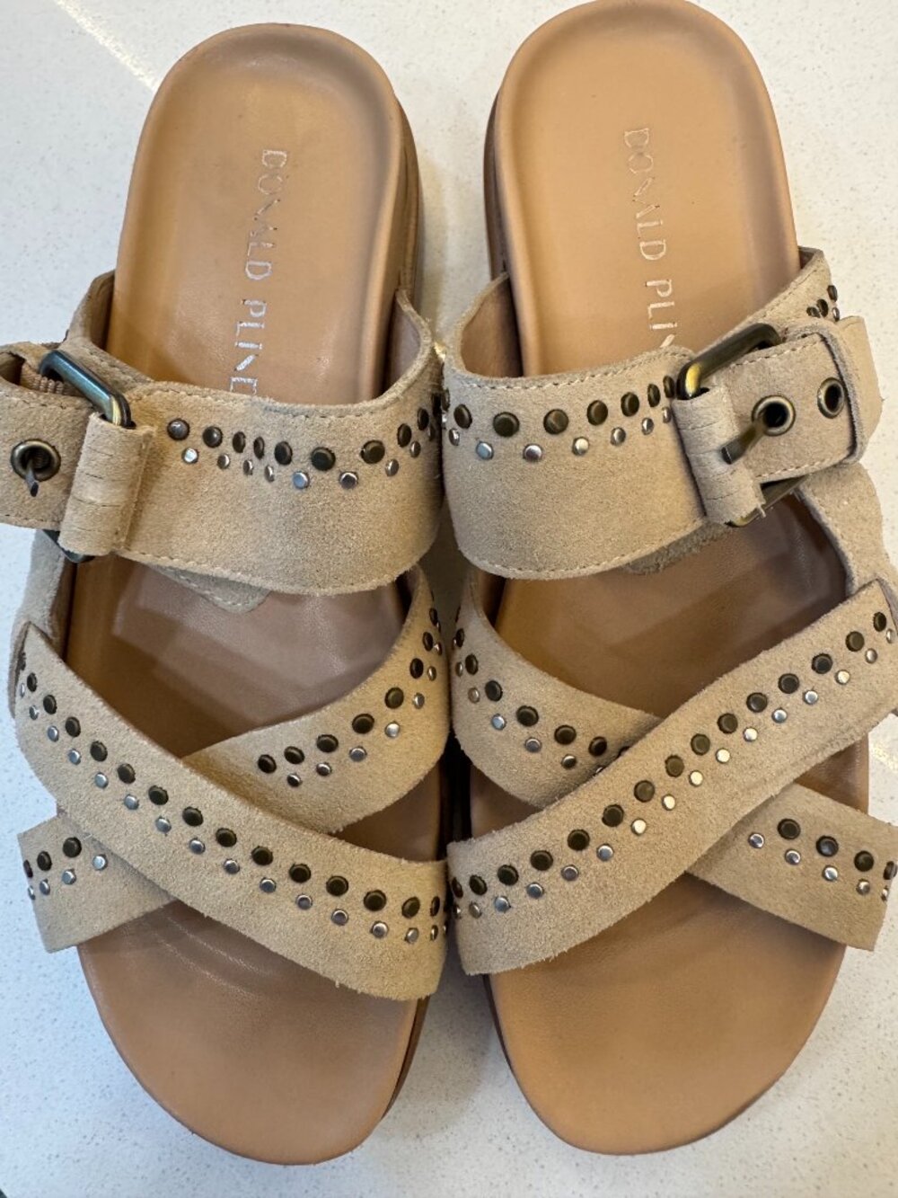 Donald Pliner "Ofelia" studded tan suede wedge slide sandals sz 7 1/2 M